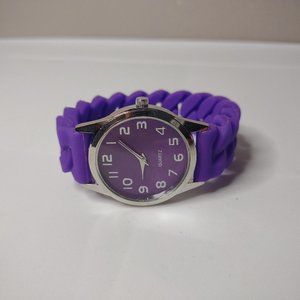 Purple And Silver Tone Rubber Stretch Band Watch